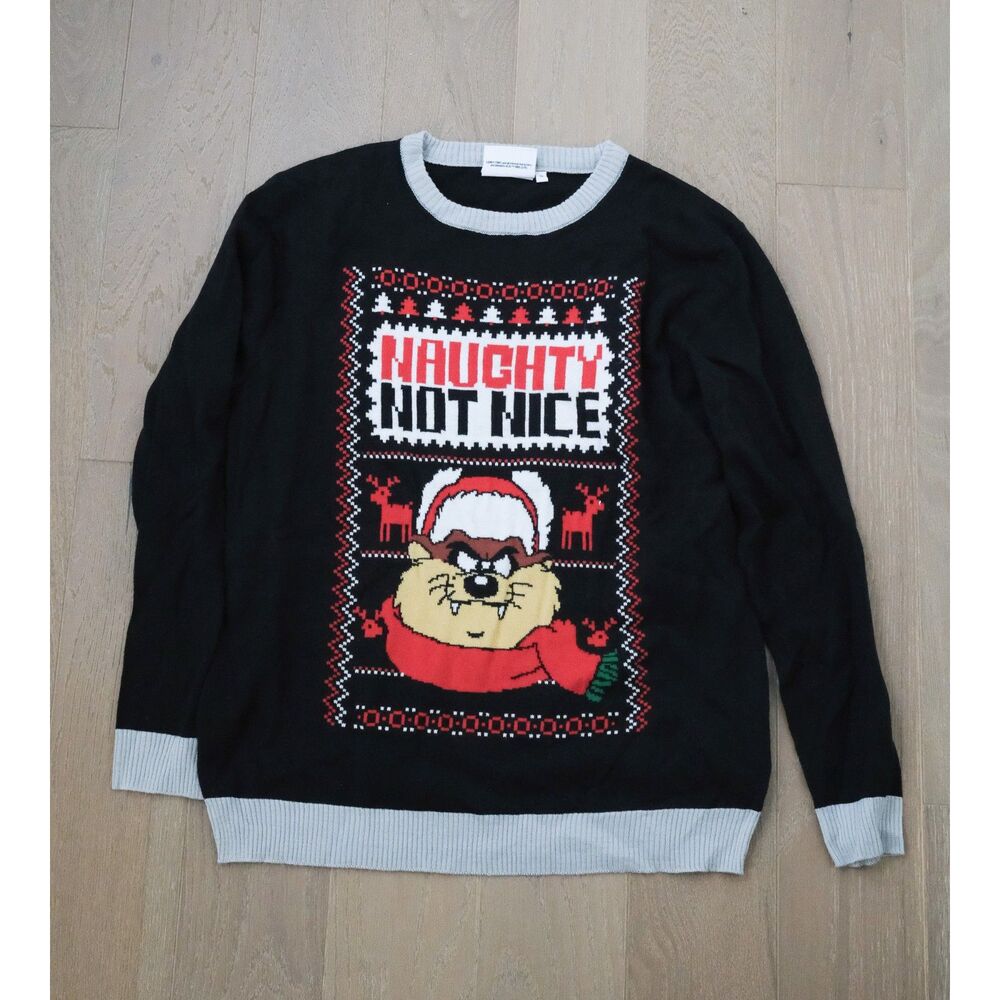 Looney Tunes Taz Naughty Not Nice Christmas Ugly Sweater Black Size M Medium
